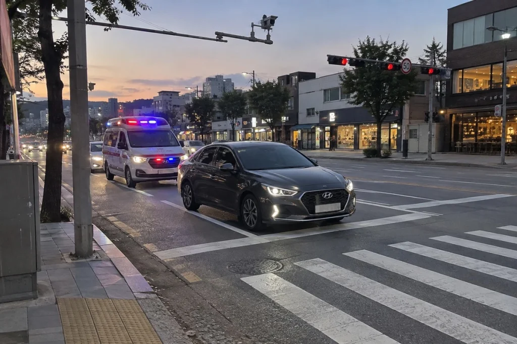 교차로에서 구급차에 길을 터주는 운전자를 표현한 삽화