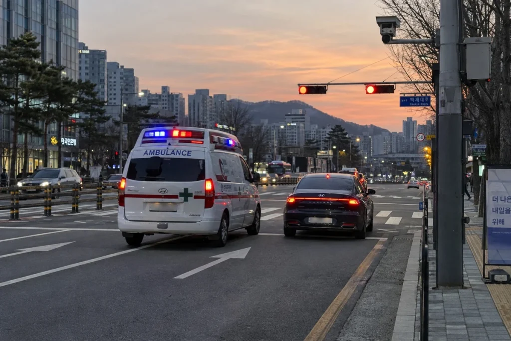 교차로에 접근하는 구급차와 차량을 표현한 삽화