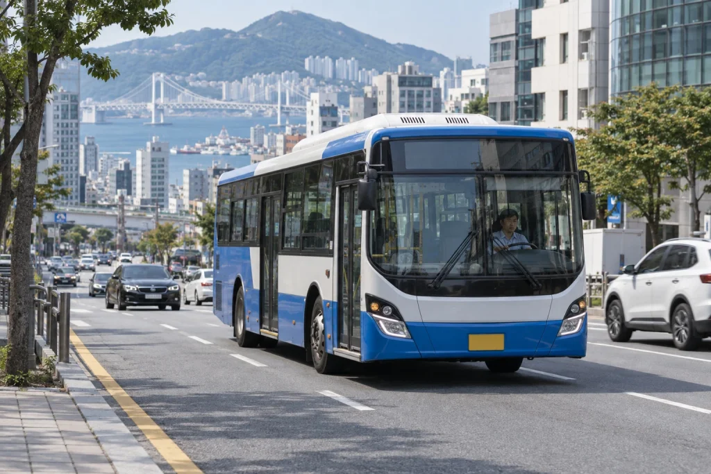 부산 시내버스 내부에서 운전 중인 기사