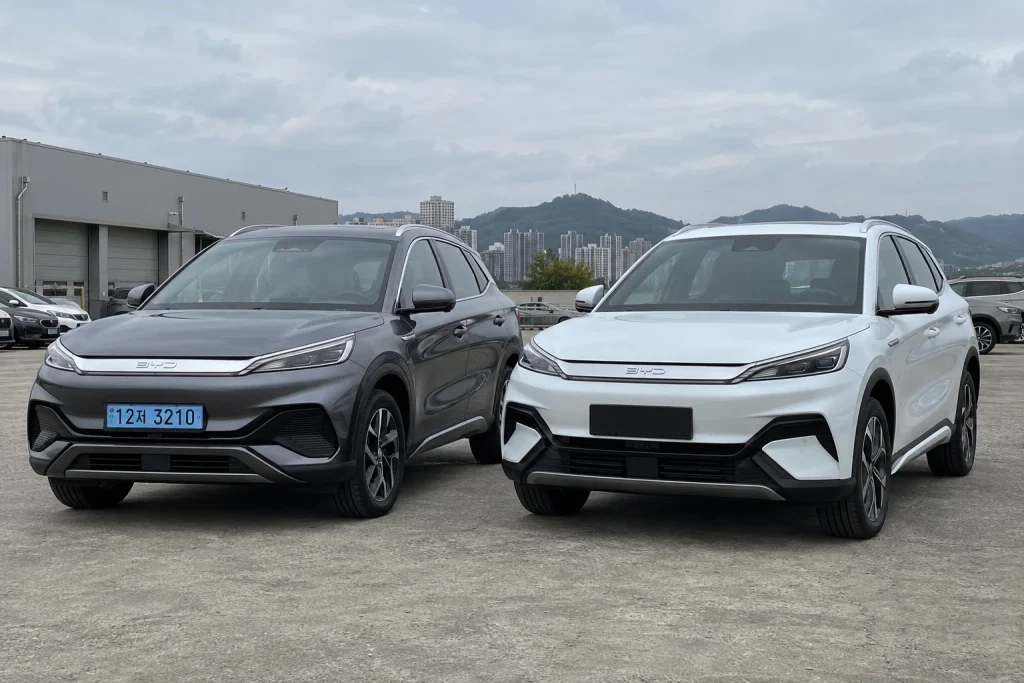 BYD 전기차 사양 차이를 주제로 한 자동차 삽화