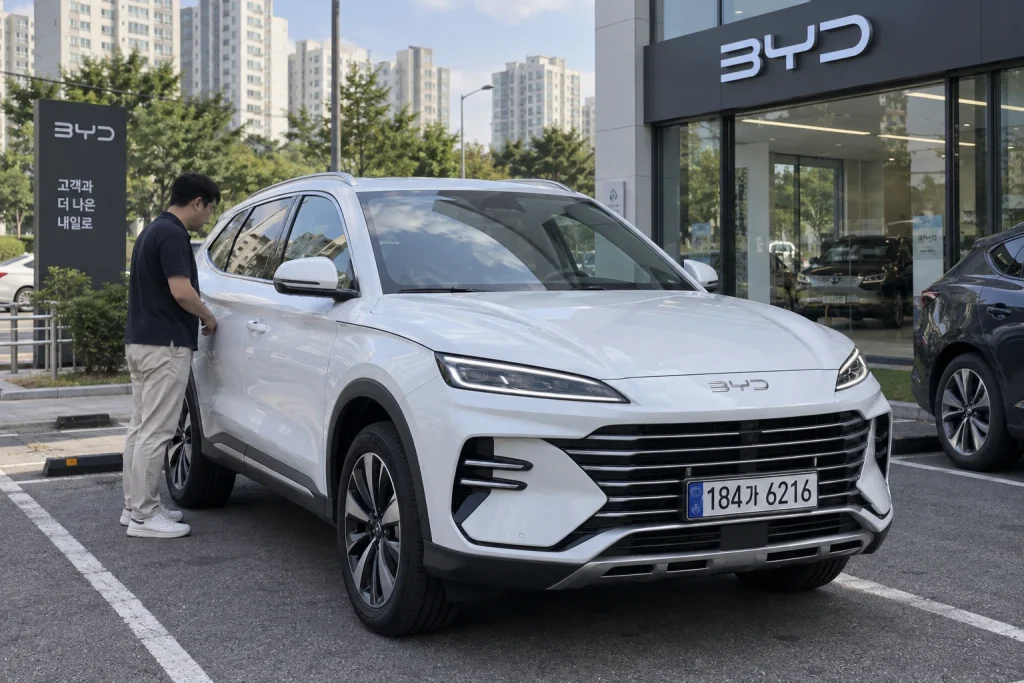 전기차 구매 전 차량 제원을 확인하는 장면의 삽화