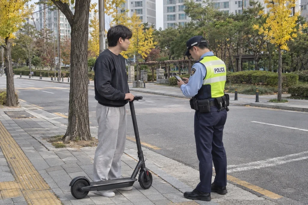 전동 킥보드 이용자와 경찰관이 대화하는 장면