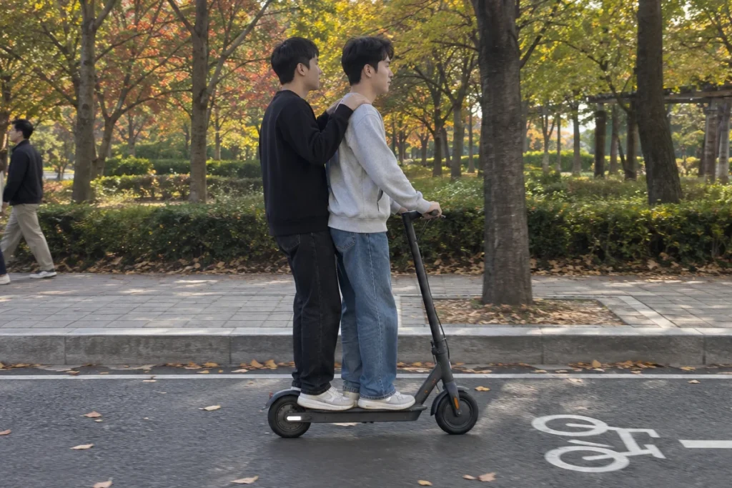 두 사람이 전동 킥보드 한 대에 올라탄 장면