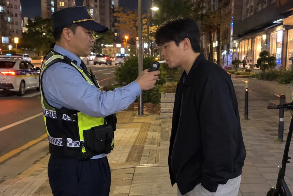 야간에 경찰관이 음주 측정을 하는 장면