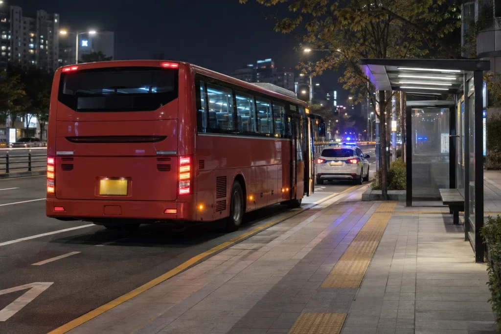 축제 후 만석 광역버스와 정류장을 표현한 삽화