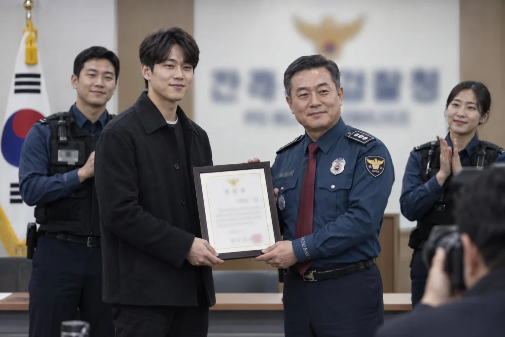 교차로에 멈춘 차량에서 음주운전자를 검거하는 경찰