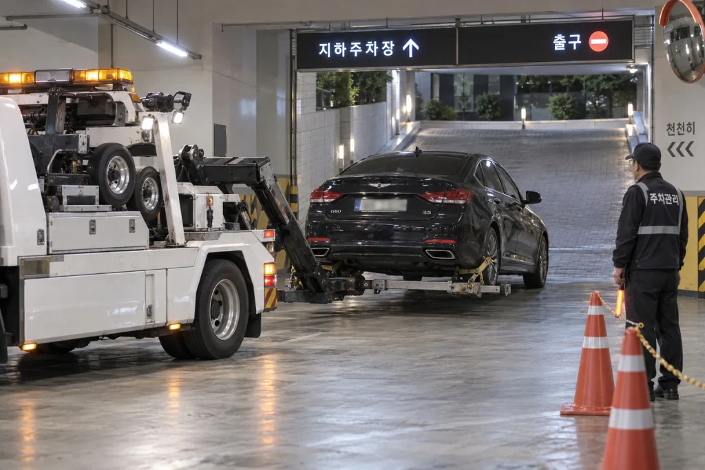 아파트 주차장에서 차량 이동을 요청하는 상황