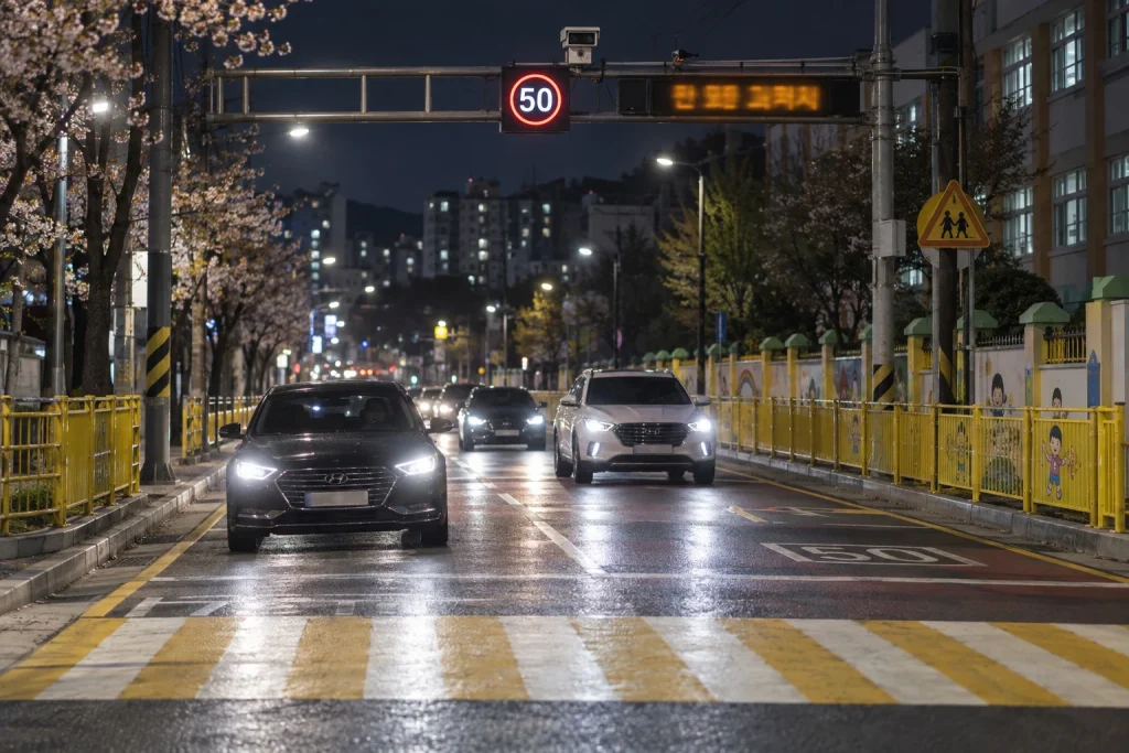 시속 30km 제한을 표시한 스쿨존 도로 표지
